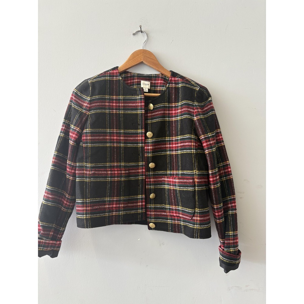 J.Crew Jacket Womens 2 Multicolor Plaid Wool Tweed Button Front Collarless Short